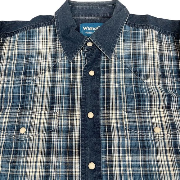 VTG Wrangler Blue Plaid Denim lined Pearl Snap Button Up Shirt, Size L - Picture 2 of 6